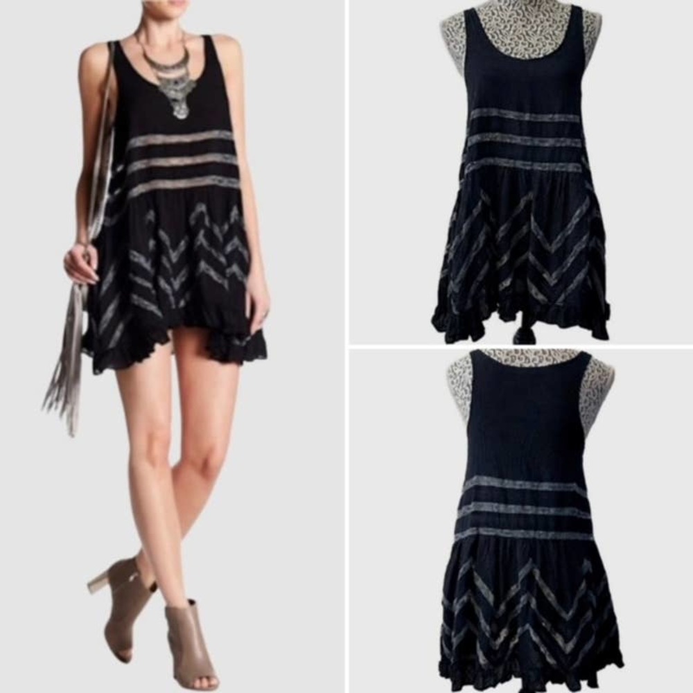 Free People Intimately Lace & Viole Trapeze Slip Tunic Dress Black, NWOT-Size XS